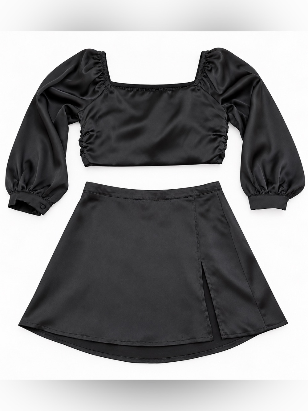 Dynamite Black Satin A-Line Mini Skirt & Top Set